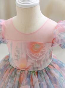 SHEIN Glamorique Kids 泡泡袖花卉印花公主薄纱连衣裙 - 粉色 - 查看 6