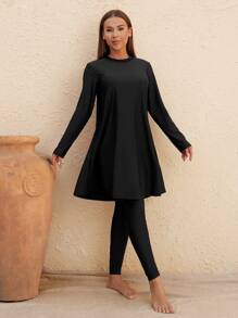 Swim Mulvari Springbreak 3-Piece Women Beach Outfits: Black Crew Neck Sleeveless Top And Pants Burkini Set, And Long Sleeve Modest Solid Color Crew Neck Swimsuit, Bohemian Festival Summer Beachwear - Black - View 5