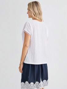 SHEIN LUNE V-Neck Short Sleeve White Textured Fabric Women Shirt, Spring/Summer - White - View 2