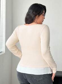 Flirla Áo thun dài tay thắt nơ 2 trong 1 cỡ lớn cho nữ, áo thun họa tiết mùa xuân và thu cho nữ - Màu be - Xem 2