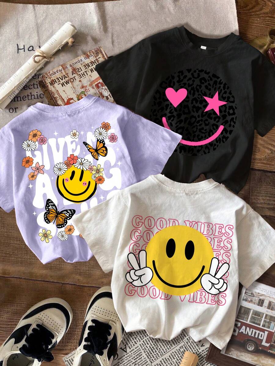 SHEIN 3pcs/Pack Tween Girls Casual Minimalist Cartoon Pattern Multiple T-Shirts, Suitable For Summer, School, Campus, College - Multicolor - View 1