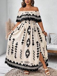 SHEIN Clasi Women Plus Size Off Shoulder Ruffle Waist Flare Hem Dress - Apricot - View 4