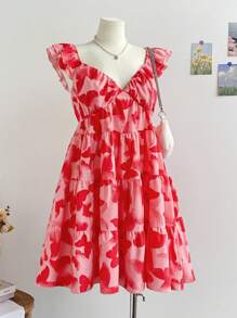 Soleia 大码女式粉色花卉印花盖袖 A 字迷你连衣裙，春季