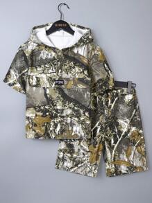 1 Set Teen Boys American Camo Denim Jacket + Casual Loose Straight Leg Jeans Shorts - Multicolor - View 1