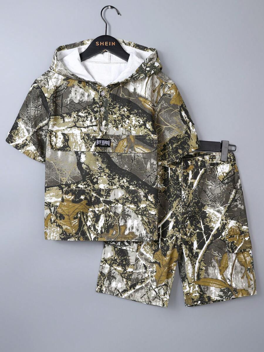 1 Set Teen Boys American Camo Denim Jacket + Casual Loose Straight Leg Jeans Shorts - Multicolor - View 1