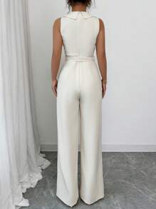 Elenzga New Elegant Casual Women Sleeveless Jumpsuit With Lapel, Double-Breasted, Cinched Waist Waistline, Slim Fit, Spring/Summer - Apricot - View 2