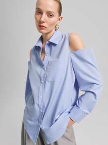 Ontre 2025 Women Off Shoulder Long Sleeve Single Button Casual Pocket Shirt - Blue - View 1