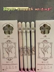 4pcs/Box Black Rotating Pen With INS Style Highly Attractive Value ST Head, Black Floral Dreamscape, Quick-Drying Homework Brush Pen Back To School, Durable, Ease Of Use, Giftable, Versatile