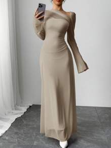 Siren Gaze 女士纯色撞色网眼不对称领口长袖优雅连衣裙，春/秋