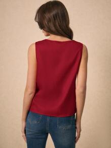 SHEIN Frenchy Solid Scallop Trim Sleeveless Top, Summer Top, Elegant Style Christmas New Year Red Burgundy - Burgundy - View 3