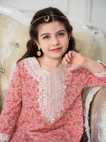 SHEIN 年轻女孩斋月碎花领子和袖口荷叶边修身休闲连衣裙，春夏 - 粉色 - 查看 5