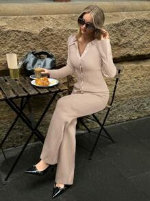 Aloruh Casual Solid Color Front Button Knit Top And Pants Two Pieces Set - Khaki - View 1