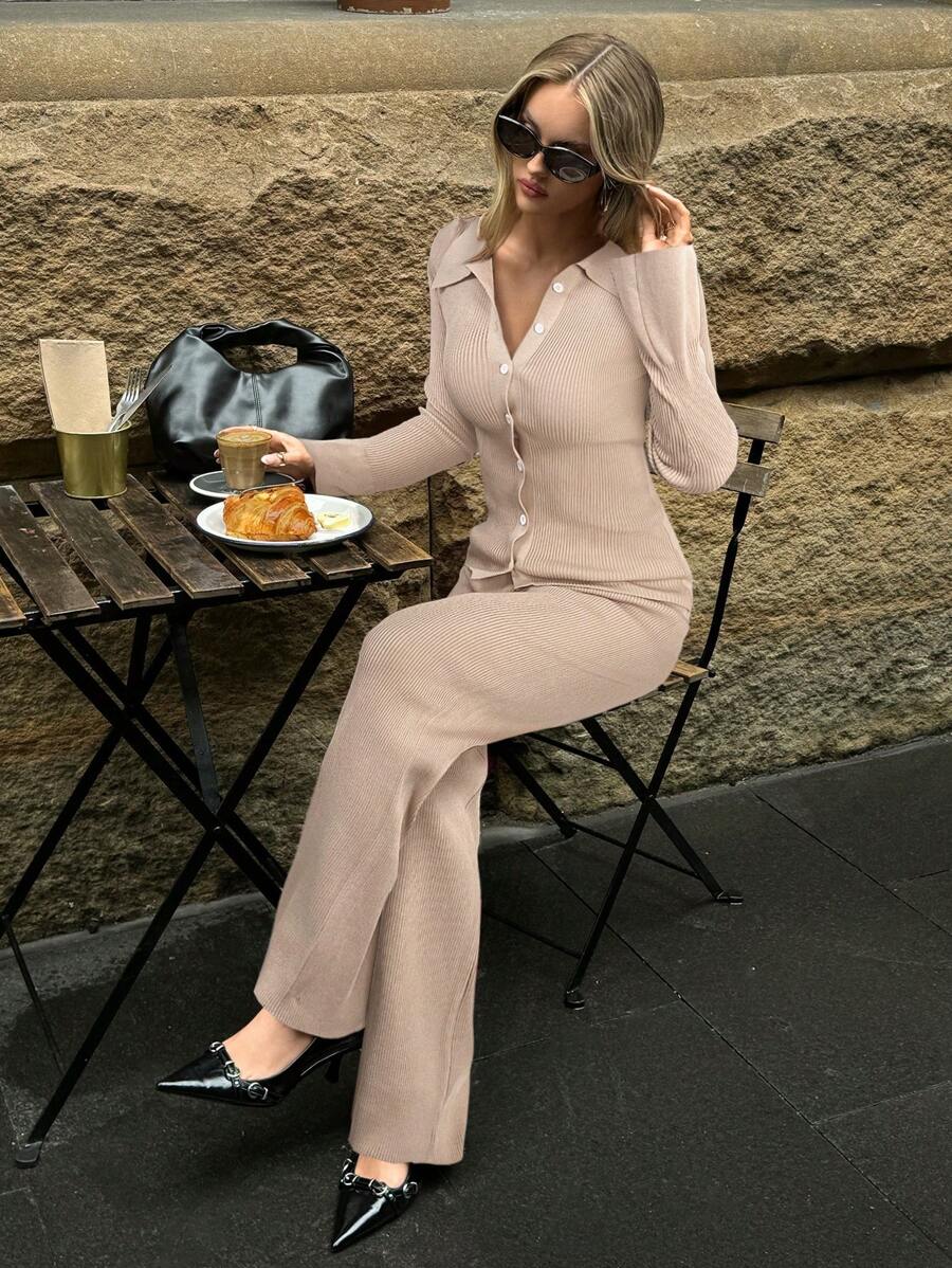 Aloruh Casual Solid Color Front Button Knit Top And Pants Two Pieces Set - Khaki - View 1