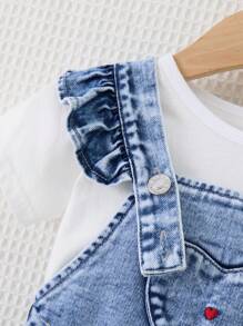 Baby Girl Heart Embroidery Ruffle Hem Jumpsuit,Holiday,Summer,Travel - Light Wash - View 5