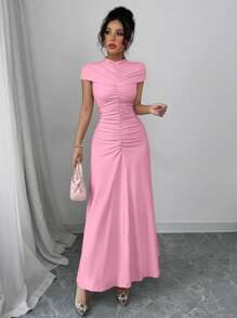 Elenzga Abito da sera di lusso da donna Elenzga, colore unito, design arricciato, elegante con maniche a cappuccio, maxi dress, abito lungo per estate, stile boho, vacanza, festival