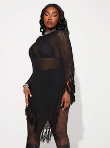 SHEIN SXY Plus Size Women 2025 Spring Summer New Fashion Openwork Crochet Fringe Poncho Blouse, Suitable For Beach Vacation, Date Night, Birthday, Bachelorette Party, Cute, Casual, Shopping, Streetwear, Going Out, Easy To Match & Looks Slim, Accent Your Body, Flatter The Figure - Black - View 6