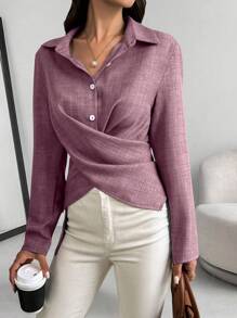 Calvaya Camisa casual de trabajo de mujer de un solo pecho con abertura cruzada y manga larga de unicolor