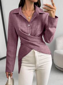 Calvaya Camisa casual de trabajo de mujer de un solo pecho con abertura cruzada y manga larga de unicolor