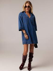 Forever 21 Spring New Deep V-Neck Short Sleeve H-Type BOHO Vacation Denim Dress For Women - Blue - View 5