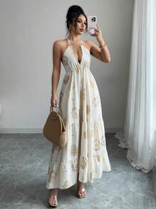 Chiquease Vestido largo de tirantes finos con escote espalda descubierta, elegante, con estampado dorado y cuello halter para vacaciones