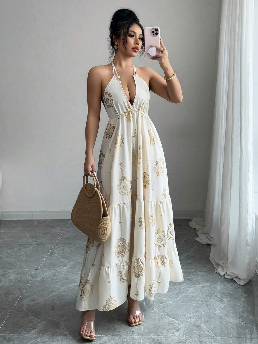 Chiquease Vestido largo de tirantes finos con escote espalda descubierta, elegante, con estampado dorado y cuello halter para vacaciones