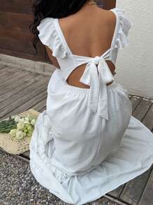 Sunnyshic Váy ren hở lưng đơn sắc giản dị cho kỳ nghỉ bãi biển hàng ngày đa năng dành cho nữ, mùa xuân/hè - trắng - Xem 5