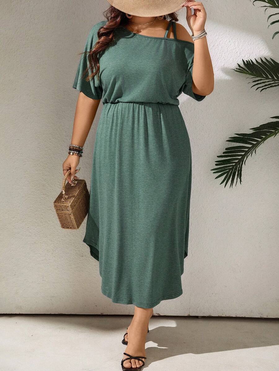 SHEIN LUNE Abito a maglia donna taglie forti, collo asimmetrico, vita segnata, design asimmetrico, verde - Verde - Visualizzare 1