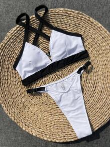 SHEIN Swim Springbreak Women Contrast Color Triangle Cross Back Strap Bikini 2 Pieces Swimwear Set, Summer Festival Boho Beachwear