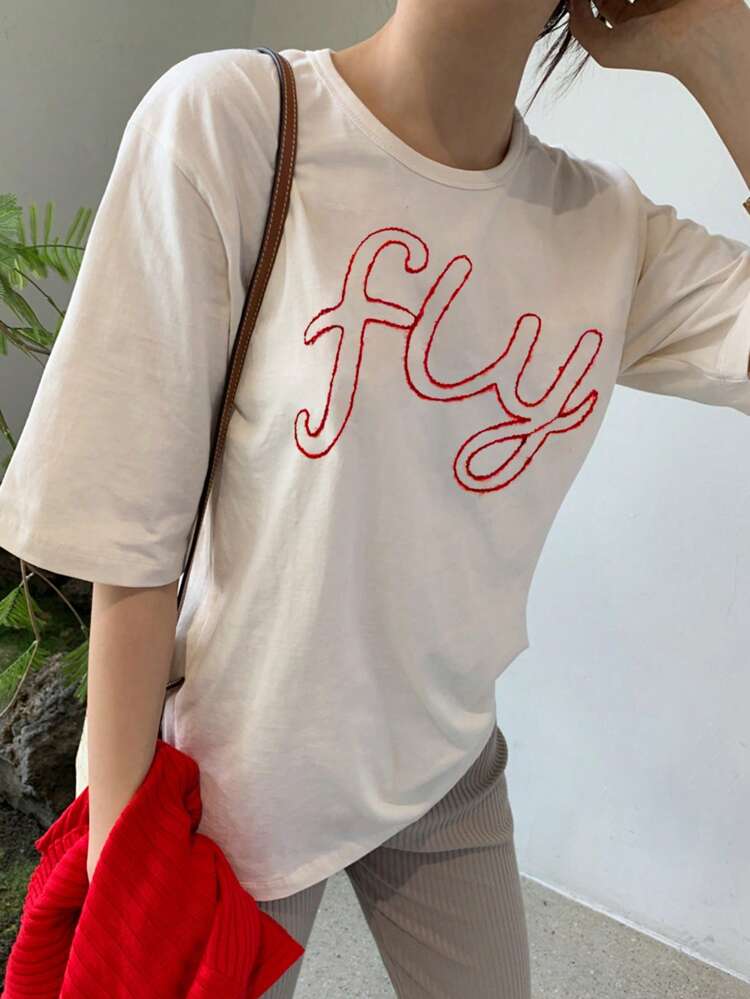 Women Embroidery Patchwork Contrast Color Round Neck Loose T-Shirt,Graphic Tees