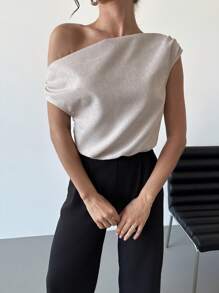 Firerie 亚麻不对称肩部短款抽绳下摆休闲衬衫，优雅上衣，适合日常、通勤、度假、约会、春夏季