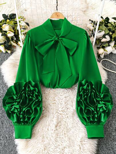 Rometta Plus Size Black 3D Floral Contrast Trim Long Sleeve Shirt Fall Cloth For Women