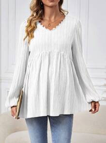 SHEIN Maternity Solid Color Contrast Lace V-Neck Long Sleeve Casual Ruffle Hem Blouse
