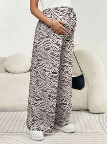 SHEIN Maternity Zebra Stripe Tie-Up Elastic Waist Loose Fit Pants - Khaki - View 4