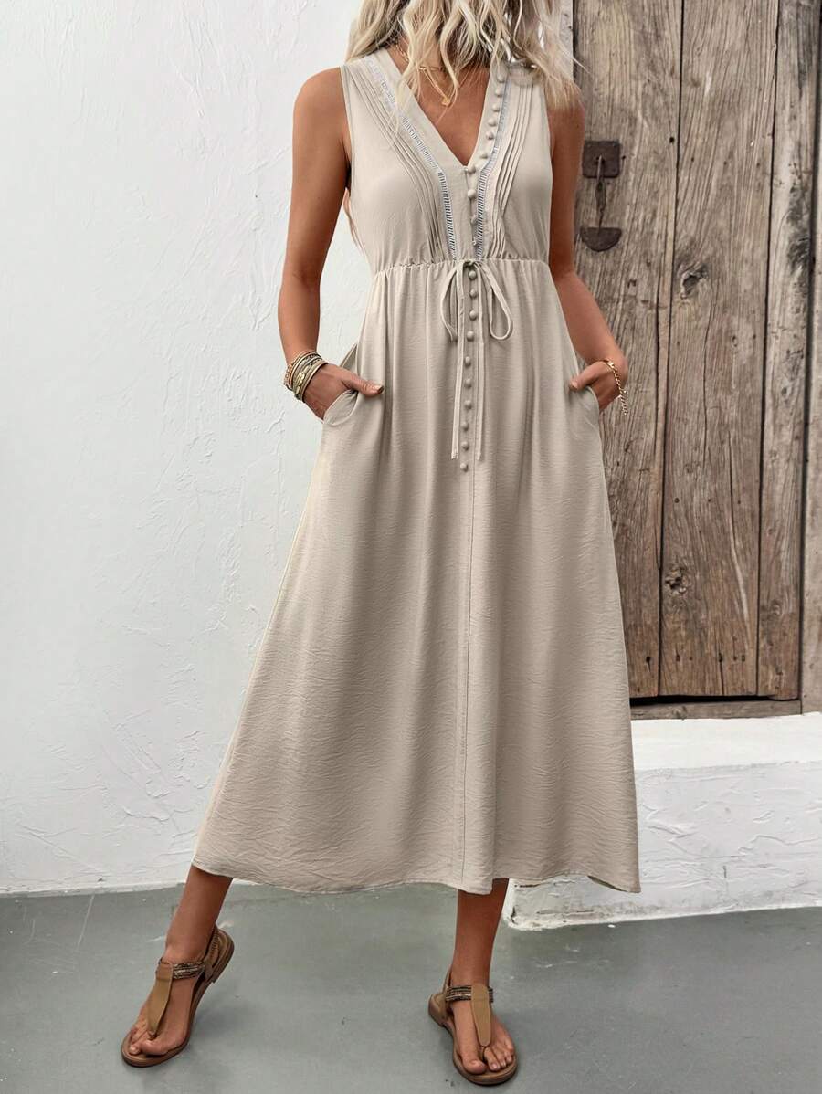SHEIN Clasi Women's Button Decor Pocket V-Neck Sleeveless Mid-Length Dress - Khaki - View 1
