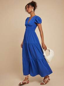 Travachic 女式褶皱 V 领蓝色泡泡袖连衣裙、休闲度假装、度假夏季沙滩装、女士连衣裙、女士度假装 - 藍色 - 查看 3