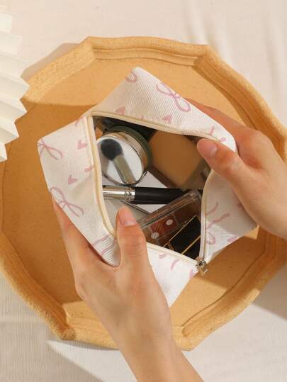 Kawaii Bow Decor Octagonal Velvet Cosmetic Bag
