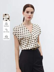 BizChic 女士 V 领波尔卡圆点泡泡袖缎面衬衫，都市通勤办公室商务休闲优雅女士正装衬衫，时尚上衣 - 白色 - 查看 1