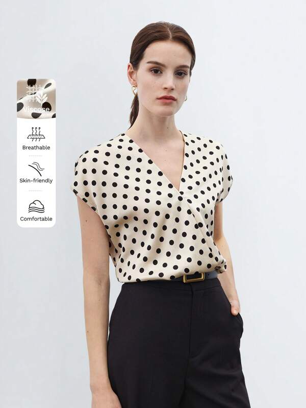 BizChic Women's Summer Elegant Polka Dot Printed Wrap Batwing Sleeve Work Shirt