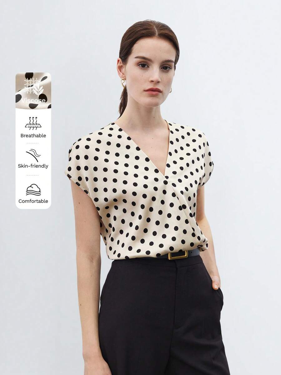 BizChic 女士 V 领波尔卡圆点泡泡袖缎面衬衫，都市通勤办公室商务休闲优雅女士正装衬衫，时尚上衣 - 白色 - 查看 1