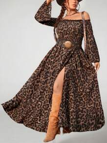 SHEIN Tall Vestido casual com estampa de leopardo, linha A, frente com babados, bainha com babados e fenda alta, estilo boêmio outono/inverno - Castanho - Ver 7