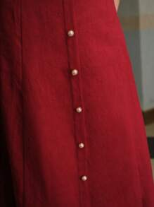 ZEYLAH 女士休闲通勤纯色前扣亚麻 A 字裙 - 酒紅色 - 查看 2