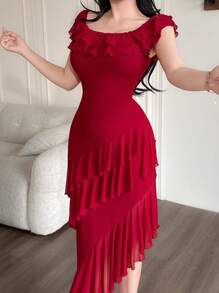 Feyla Swobodna, długa sukienka z falbaną na dole dla kobiet - Czerwony - Zobacz 3