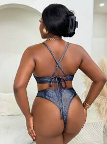 SHEIN Slayr CURVE 大码女式 2 件装巨型海滩度假金属面料宽绑带背带比基尼套装