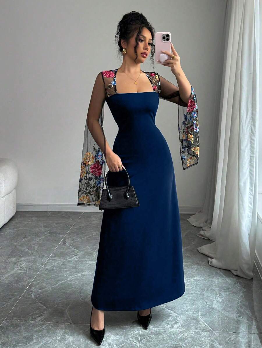 Rafferiza 女士优雅法式复古风格方领 A 字形收腰长裙，修身拼接刺绣网眼 - 藏蓝色 - 查看 1