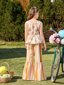 Conjunto de top sin mangas estampado y pantalones acampanados estampados para niñas preadolescentes - Naranja - Ver 2