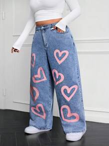 SHEIN EZwear Plus Size Heart Print Loose Denim Jeans - Light Wash - View 3