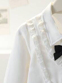 Jong meisje' Elegante frisse ivoorkleurige kanten rand contrasterende kleur strikkraag lange mouwen overhemd met knopen, college stijl, geschikt voor dagelijks casual, school, reizen, vakantie, lente/herfst