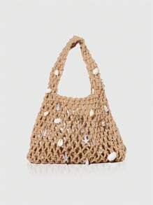 ROMWE Fairycore 1 Set Khaki Color Ocean Shell Starfish Woven Beach Tote Bag With Accessories, Fashion & Personalized Beach Holiday Style Handbag For Women (Includes 1 Bag & 1 Set Of Accessories)