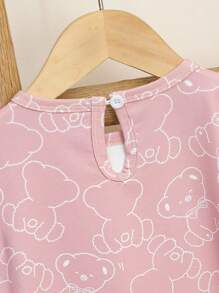Baby Girl Sweet Cute Bear Print Long Nightgown, Short Sleeve, Sleepwear, Family Matching - Pink - View 6