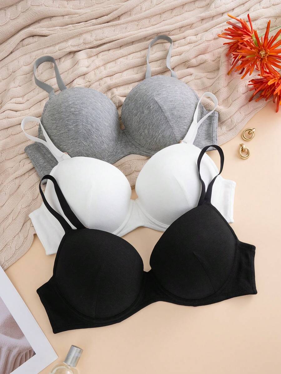 3pcs Set Women Plus Size Underwire Casual Bra - Multicolor - View 1